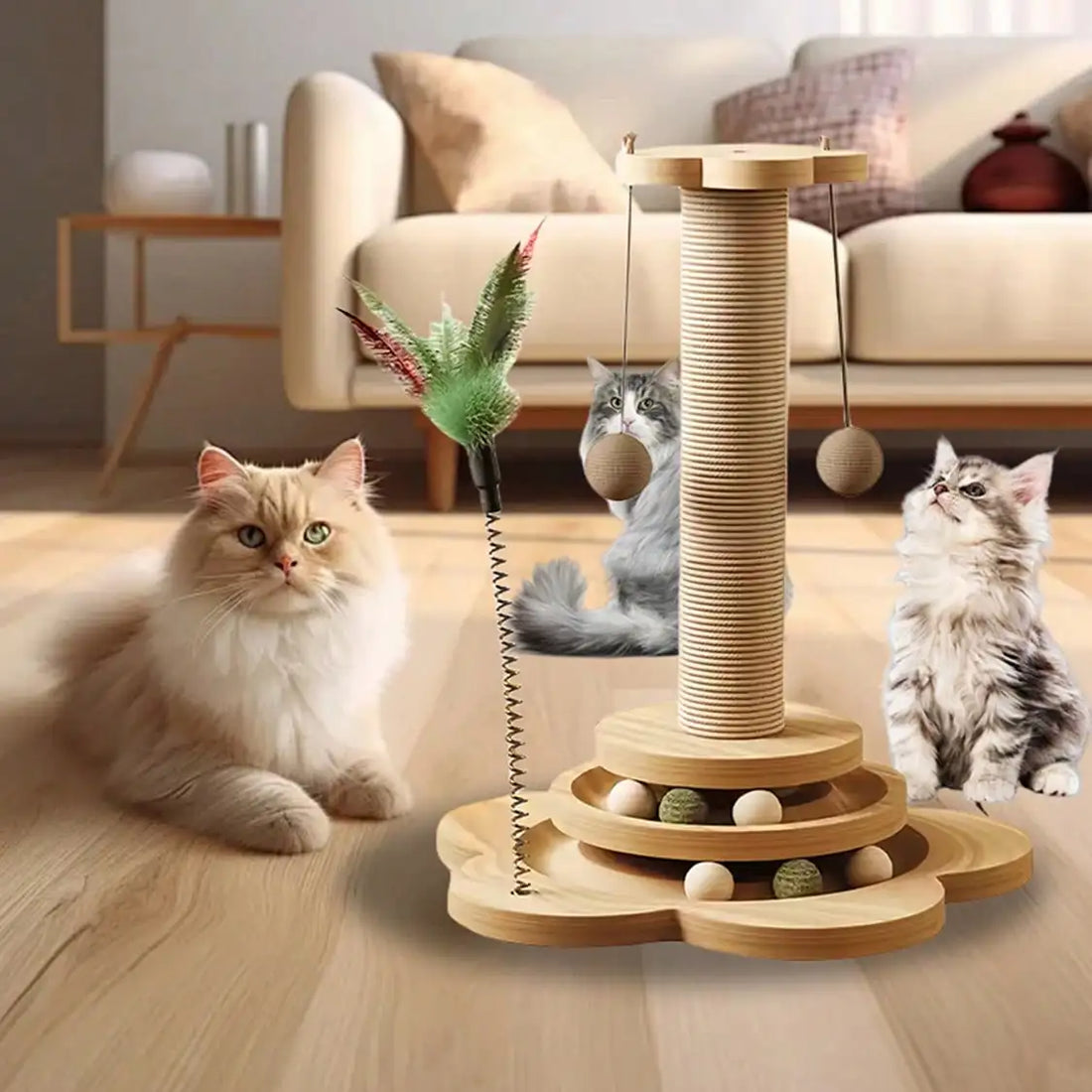 Natural Wood Cat Play & Scratch Tower