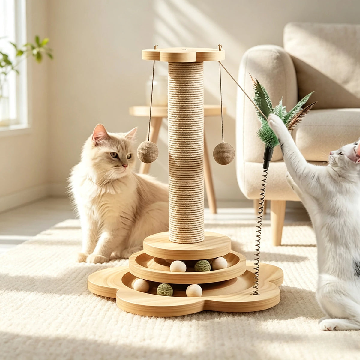 Natural Wood Cat Play & Scratch Tower