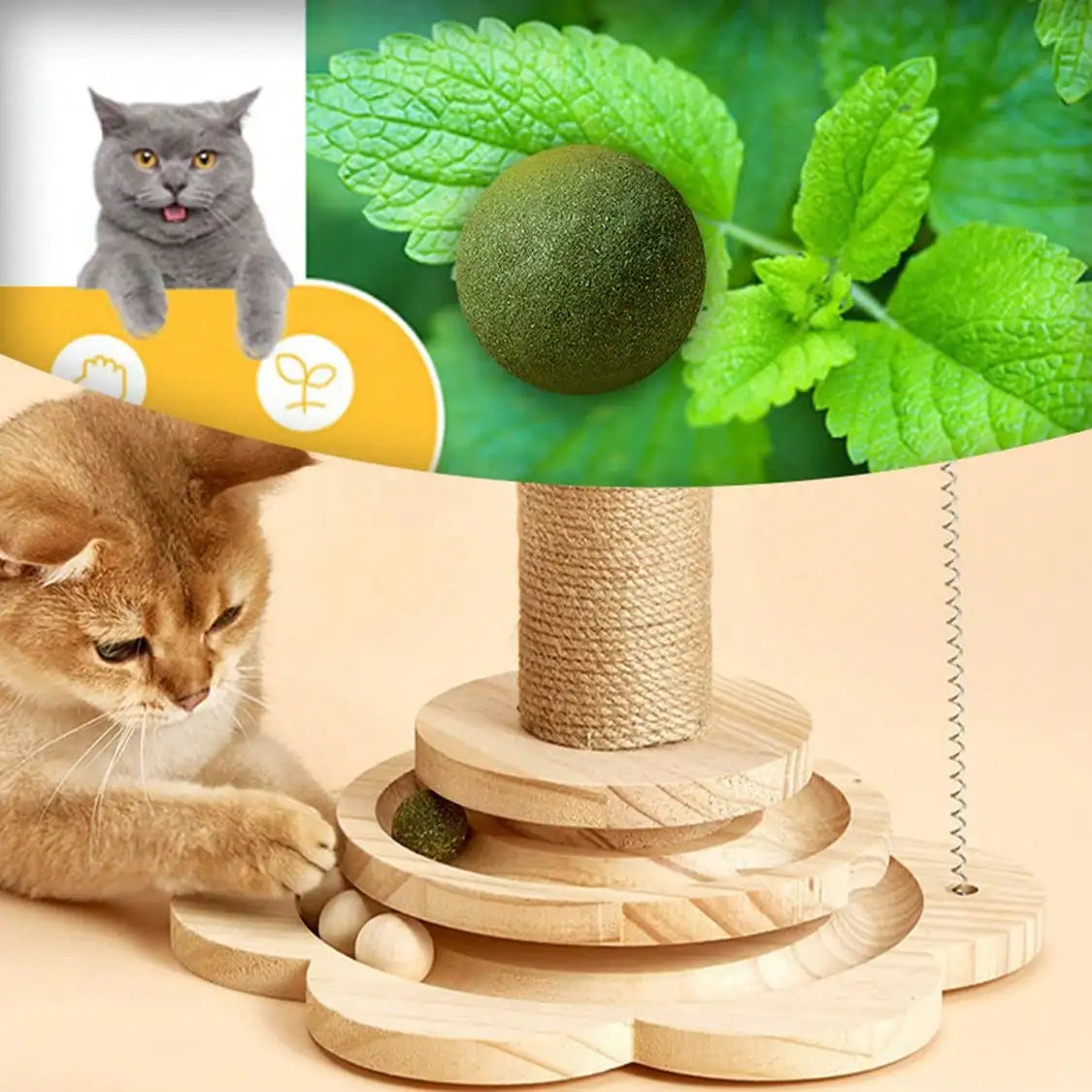 Natural Wood Cat Play & Scratch Tower
