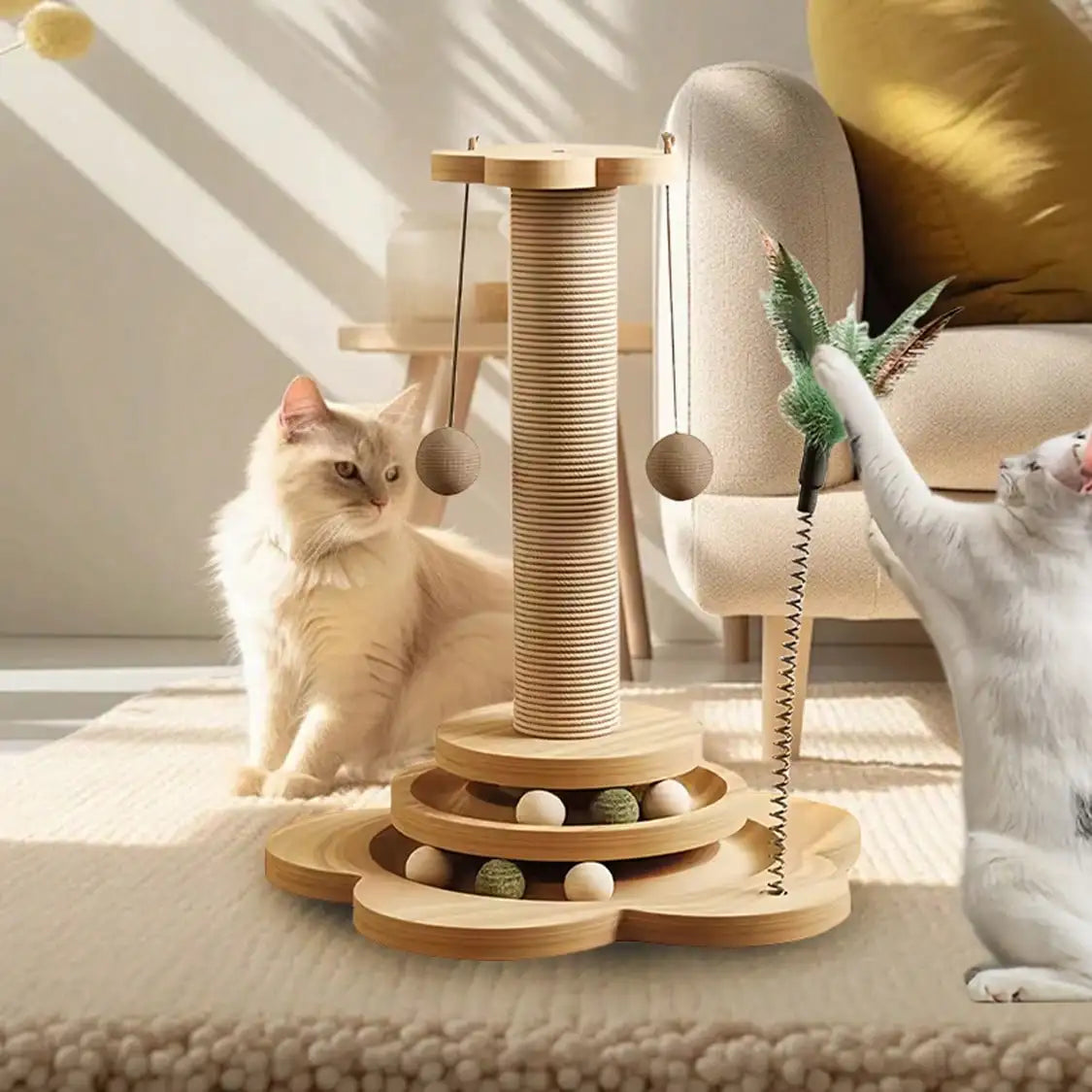 Natural Wood Cat Play & Scratch Tower