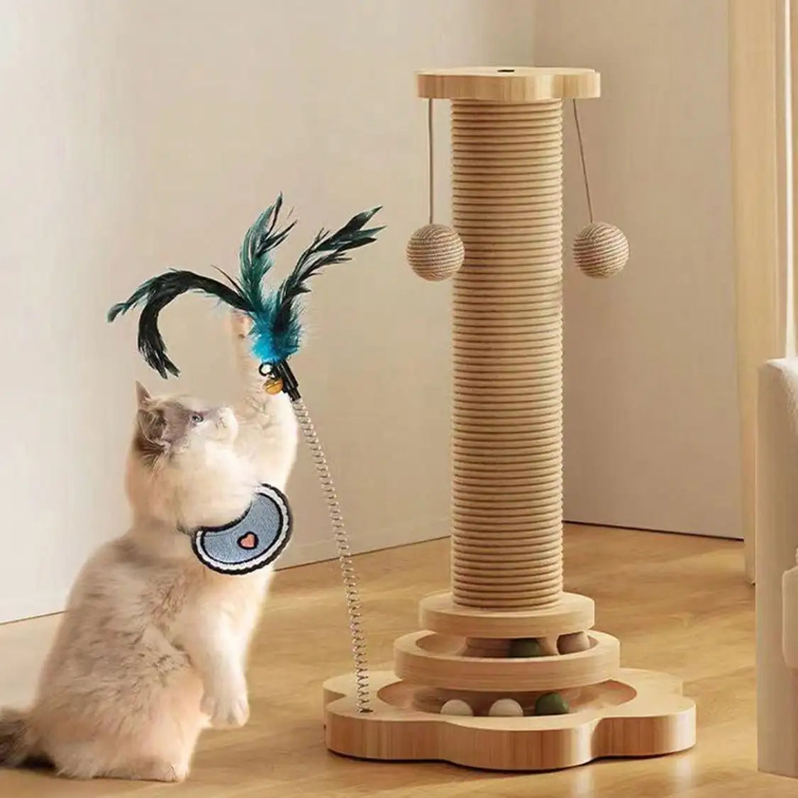 Natural Wood Cat Play & Scratch Tower